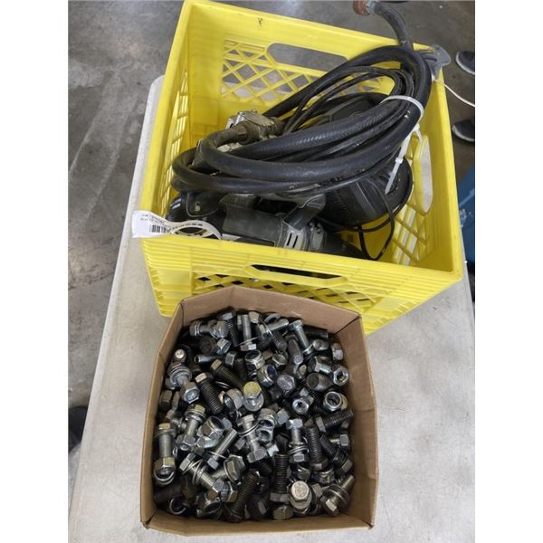 BOX OF NUTS AND BOLTS AND CRATE OF ASSORTED TOOLS