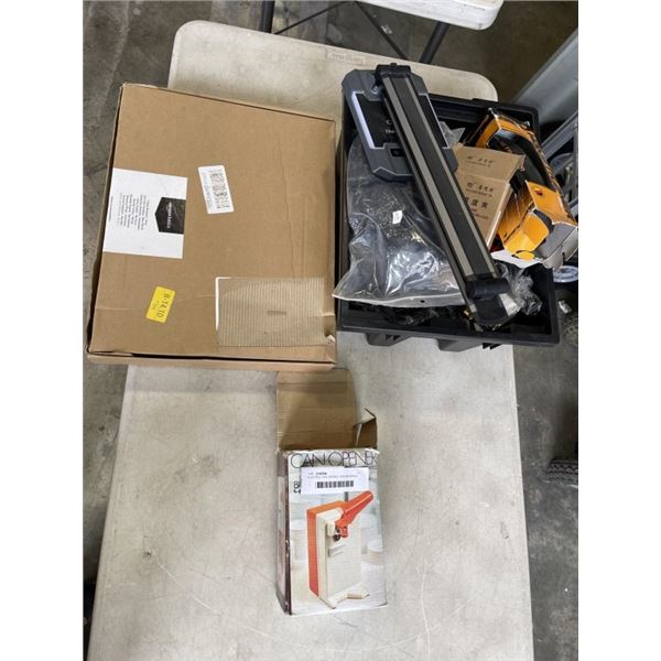ELECTRIC CAN OPENER, NEW BACKPACK, AND ASSORTED ITEMS, SOME NEW