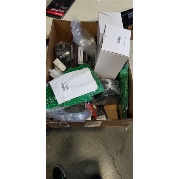 BOX OF ASSORTED HARDWARE INCLUDING HOUSE GUARD WHITE PATIO DOOR HANDLES, CLEAR VINYL TUBING, GUTTER 