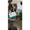 Image 1 : BOX OF ASSORTED HARDWARE INCLUDING HOUSE GUARD WHITE PATIO DOOR HANDLES, CLEAR VINYL TUBING, GUTTER 