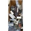 Image 2 : BOX OF ASSORTED HARDWARE INCLUDING HOUSE GUARD WHITE PATIO DOOR HANDLES, CLEAR VINYL TUBING, GUTTER 