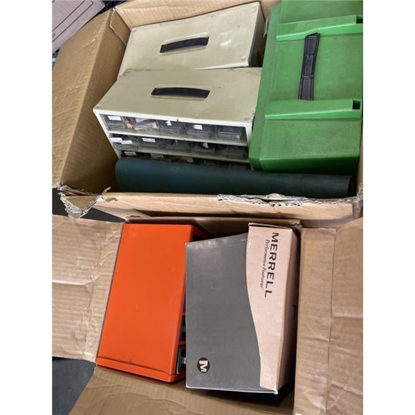 2 BOXES OF PARTS BINS, TOOL BOXES, CONTENTS, ETC