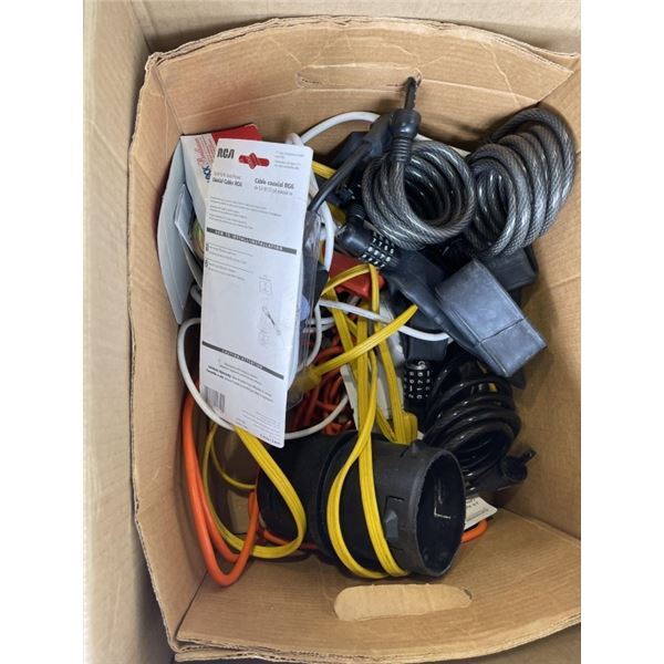 ASSORTED EXTENSION CORDS, BIKE LOCKS, NOMA TIMER ETC