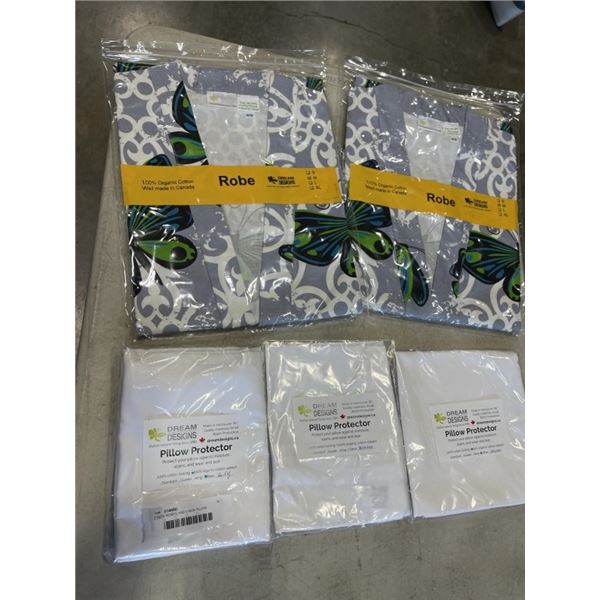 2 NEW ROBES AND 3 NEW PILLOW PROTECTORS, ASSORTED SIZING FOR ALL