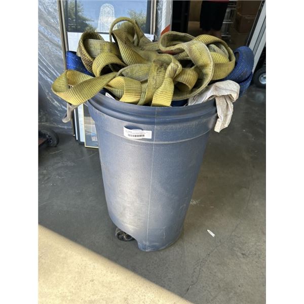 GARBAGE CAN WITH LARGE TARPS AND LIFTING STRAPS