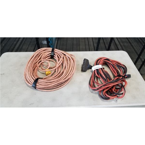 2 HEAVY DUTY EXTENSION CORDS, WORKING, ONE IS 100FT, ONE IS TRIPLE PLUG