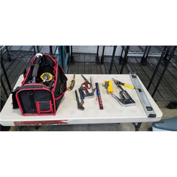 BLACK AND RED TOOL TOTE WITH ASSORTED HAND TOOLS