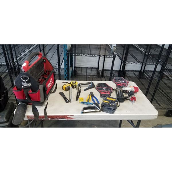 MILWAUKEE PACKOUT TOOL TOTE WITH ASSORTED HAND TOOLS, HAS SHOULDER STRAP