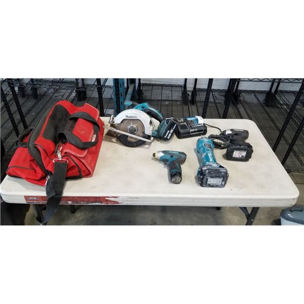 MAKITA 18V AND 12V CORDLESS TOOL SET WITH CURCULAR SAW, CUT OUT TOOL, IMPACT DRILL, AND 12V IMPACT, 