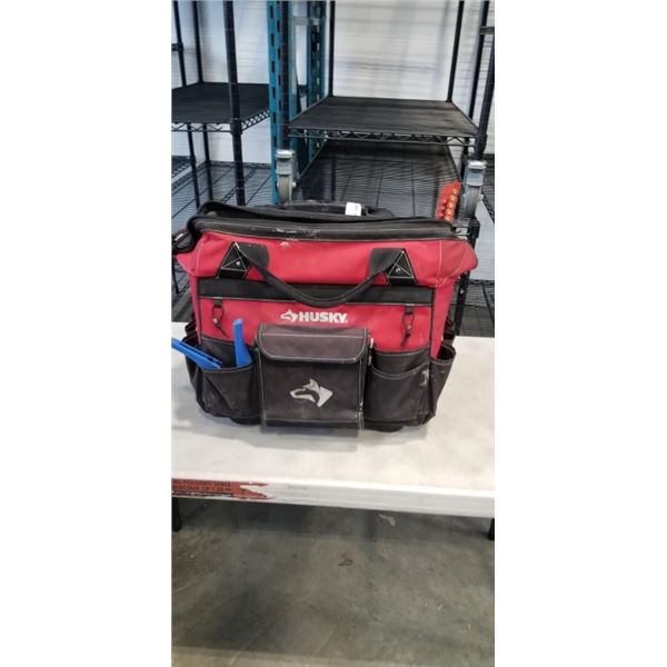 HUSKY ROLLING TRADESMAN BAG WITH LOTS OF QUALITY HAND TOOLS, INCLDUING SOME AS NEW LINEMANS TOOLS ET