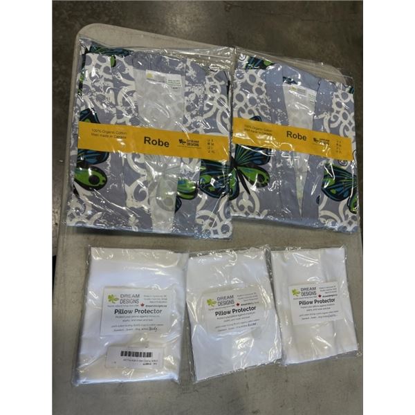 2 NEW ROBES AND 3 NEW PILLOW PROTECTORS, ASSORTED SIZING FOR ALL