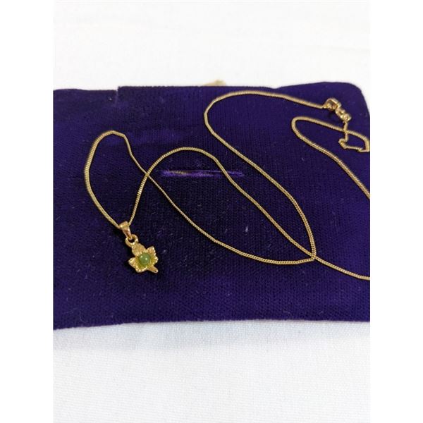 GOLD ON STERLING SILVER CHAIN NECKLACE, MARKED 925 W/ BC JADE MAPLE LEAF PENDANT NECKLACE
