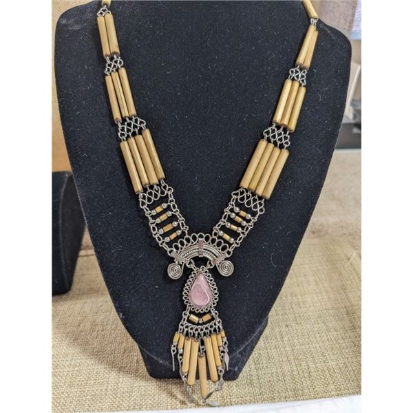 VINTAGE PERUVIAN BAMBOO WOOD SILVER NECKLACE