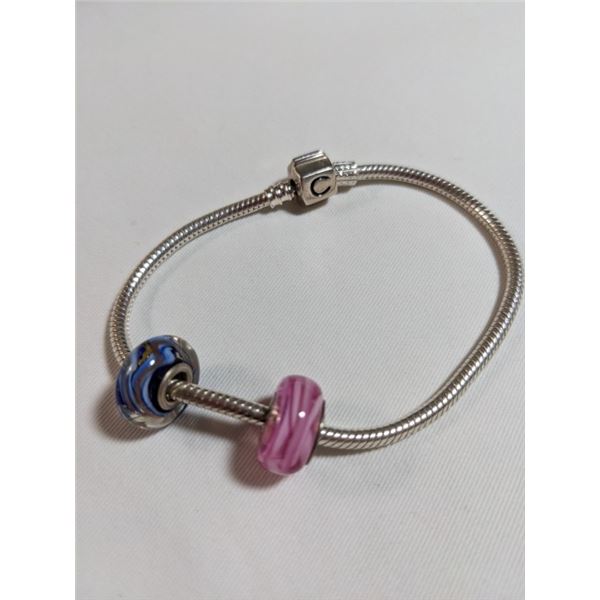 925 STERLING SILVER W/ 2 CHAMILIA 925 MURANO GLASS BEADS BRACELET