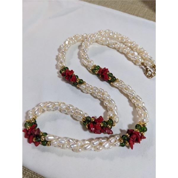 TWISTED GENUINE PEARLS W/ DARK RED CORAL NECKLACE