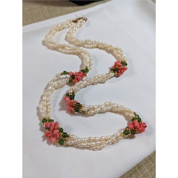 TWISTED GENUINE PEARLS W/ PINK CORAL NECKLACE