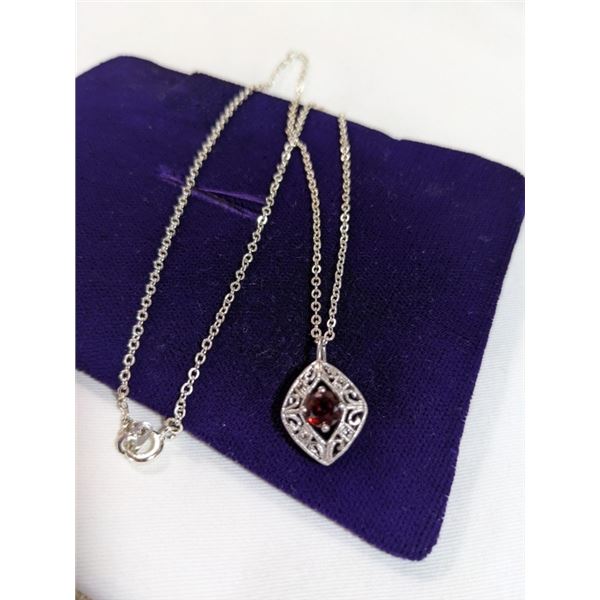 SILVER PLATED W/ GENUINE GARNET STONE PENDANT AND CHAIN NECKLACE