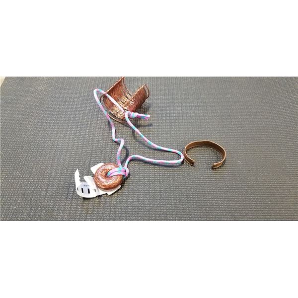 2 COPPER BRACELETS AND COPPER ORGONE NECKLACE