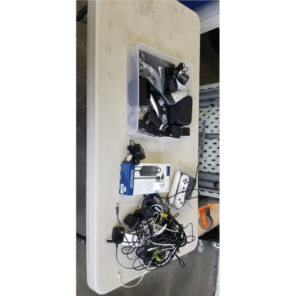 BIN W/ APPLE TVS AND ASSORTED CHARGERS