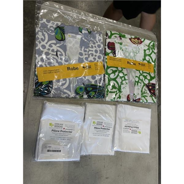 2 NEW ROBES AND 3 NEW PILLOW PROTECTORS, ASSORTED SIZING FOR ALL