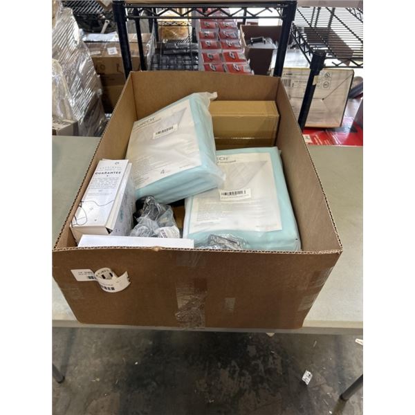 BOX OF PET ITEMS INCLUDING 2 NEW KANECH WATERPROOF UNDERPADS, 2 CATGURU CAT FOOD DISHES, NO PULL DOG