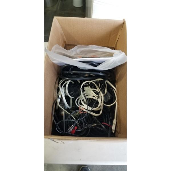 BOX OF VARIOUS CORDS INCLUDING HDMI, EXTENSION CORDS, VOLTAGE CHANGE SWITCH AC ADAPTOR