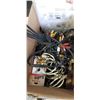Image 3 : BOX OF VARIOUS CORDS INCLUDING HDMI, EXTENSION CORDS, VOLTAGE CHANGE SWITCH AC ADAPTOR