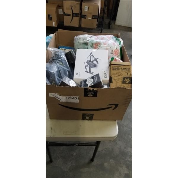 BOX OF AMAZON OVERSTOCK INCLUDING BIKE BAG, DRONE, BABY SWADDLE