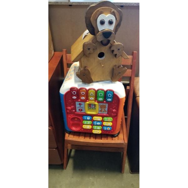 FOLDING WHEEL CHAIR, KIDS TOY AND BIRDHOUSE