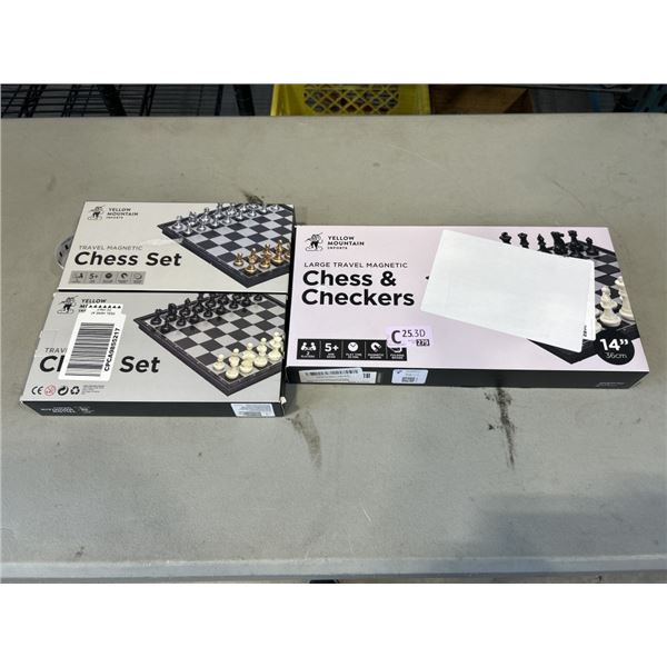 NEW YELLOW MOUNTAIN LARGE TRAVEL MAGNETIC CHESS & CHECKERS SET AND 2 NEW YELLOW MOUNTAIN TRAVEL MAGN