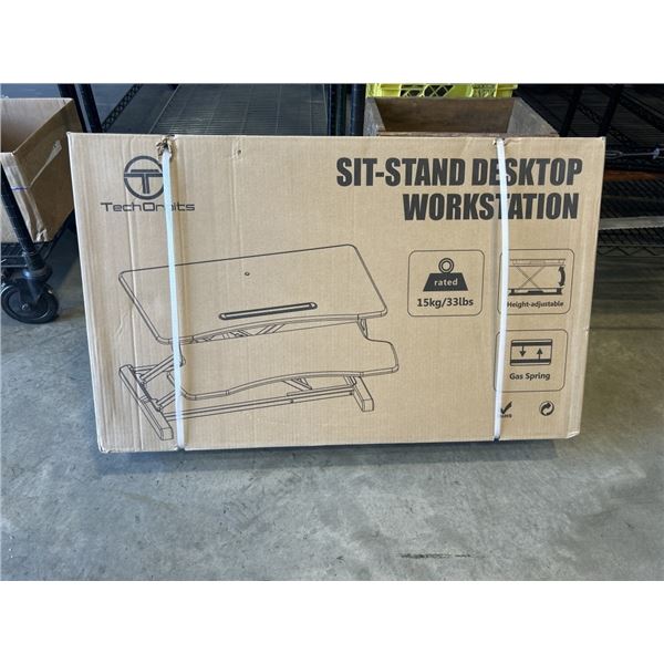 NEW WOOD GRAIN TECH ORBITS SIT TO STAND WORKSTATION, GAS SPRINGS, HOLDS UP TO 33LBS