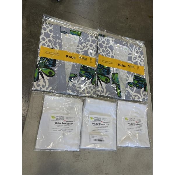 2 NEW ROBES AND 3 NEW PILLOW PROTECTORS, ASSORTED SIZING FOR ALL