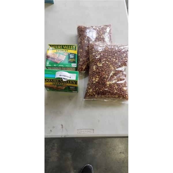 2 5LB BAGS OF SALTED PEANUTS AND 2 BOXES 10 OATS N HONEY CRUNCH BARS