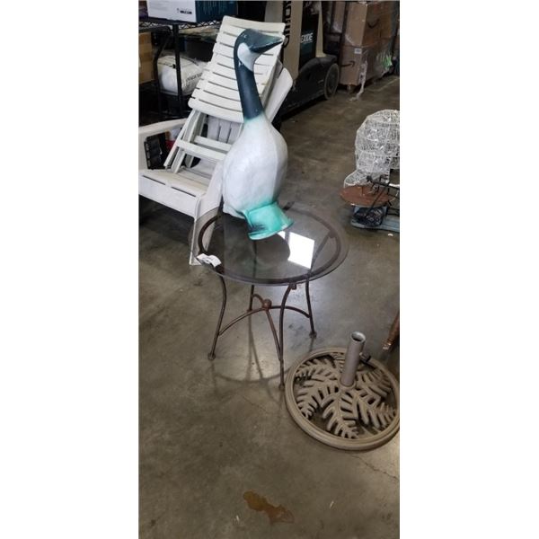 IRON BASE GLASS TOP TABLE, UMBRELLA STAND, AND GARDEN GOOSE