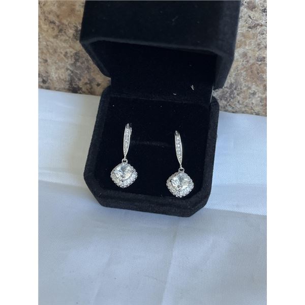 NEW PLATINUM PLATED 1.0CT EACH CUSHION CUT SIMULATED DIAMOND (CZ) HALO FISH HOOK EARRINGS