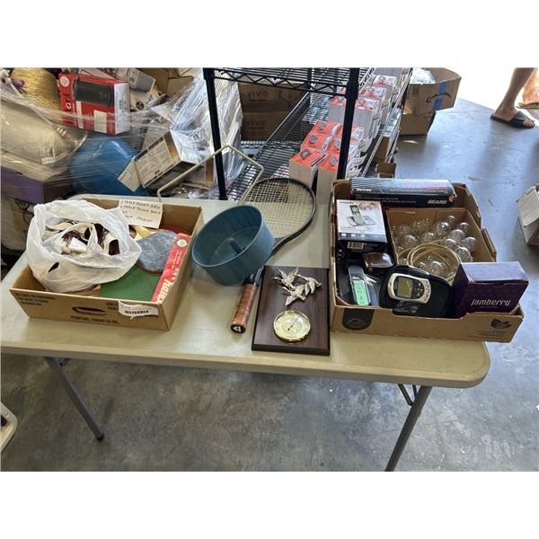 TRAY OF ASSORTED HOUSEHOLD ITEMS, SOME VINTAGE, RACQUET, PING PONG PADDLES, ETC