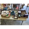 Image 1 : TRAY OF ASSORTED HOUSEHOLD ITEMS, SOME VINTAGE, RACQUET, PING PONG PADDLES, ETC