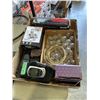 Image 2 : TRAY OF ASSORTED HOUSEHOLD ITEMS, SOME VINTAGE, RACQUET, PING PONG PADDLES, ETC