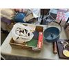 Image 4 : TRAY OF ASSORTED HOUSEHOLD ITEMS, SOME VINTAGE, RACQUET, PING PONG PADDLES, ETC
