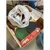 Image 5 : TRAY OF ASSORTED HOUSEHOLD ITEMS, SOME VINTAGE, RACQUET, PING PONG PADDLES, ETC