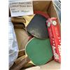 Image 6 : TRAY OF ASSORTED HOUSEHOLD ITEMS, SOME VINTAGE, RACQUET, PING PONG PADDLES, ETC