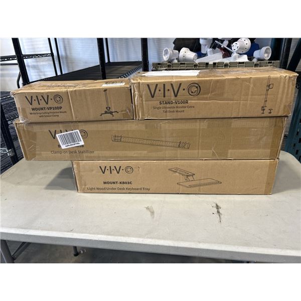 VIVO CLAMP-ON DESK STABILIZER AND VIVO LIGHT WOOD UNDER DESK KEYBOARD TRAY AND VIVO WHITE DROP CEILI
