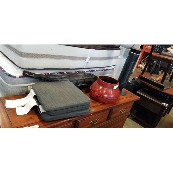 WOODEN POT, CHAIR CUSHIONS, AND HEATER