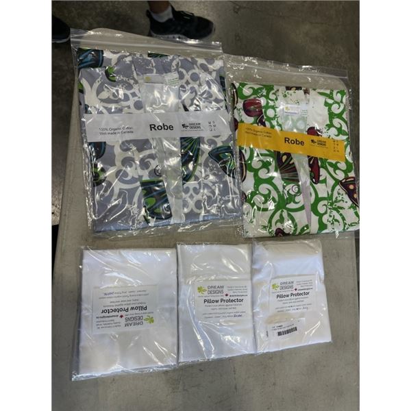 2 NEW ROBES AND 3 NEW PILLOW PROTECTORS, ASSORTED SIZING FOR ALL