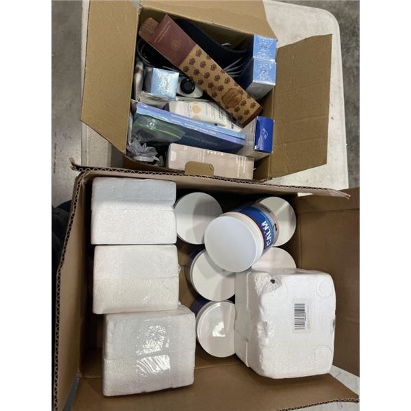 2 BOXES OF NEW COSMERTIC AND BEAUTY ITEMS, NEW MUGS AND CALM