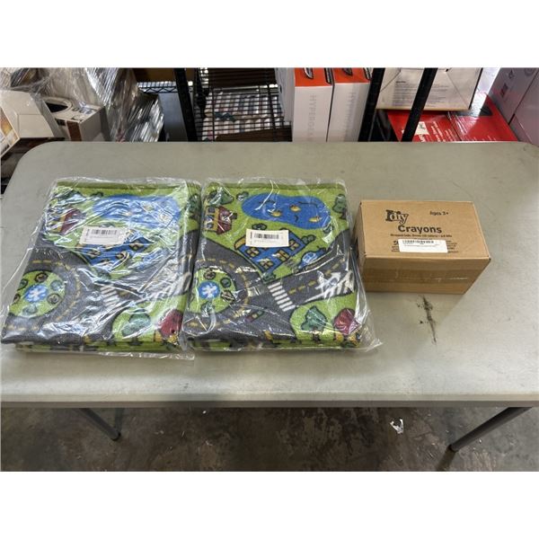 2 NEW KIDS RUG PLAYMATS. 26" X 43" AND NEW IDIY CRAYONS. 24 KITS. 12 COLORS