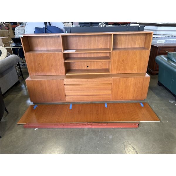2 PIECE TEAK DISPLAY CABINET - BACK BOARD AND SUPPORTS TO RAISE TOP PIECE
