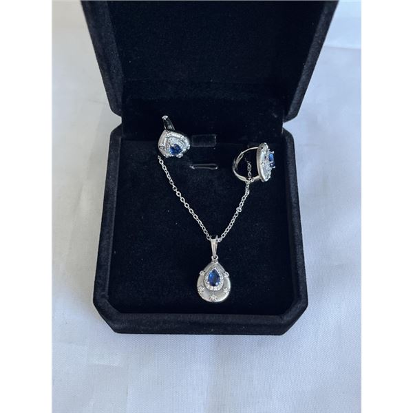 NEW PLATINUM PLATED 1.2CT PEAR CUT SAPPHIRE BLUE SIMULATED DIAMOND (CZ) HALO 2 PIECE SET, CHAIN 16-1