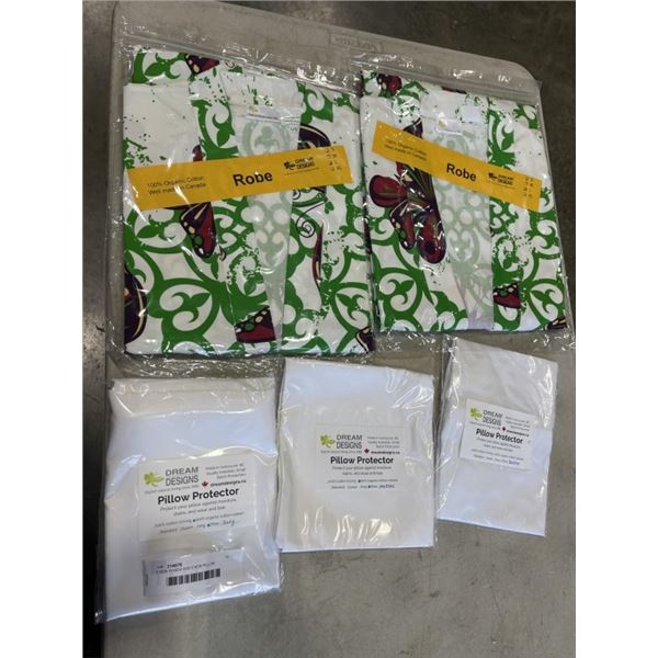 2 NEW ROBES AND 3 NEW PILLOW PROTECTORS, ASSORTED SIZING FOR ALL