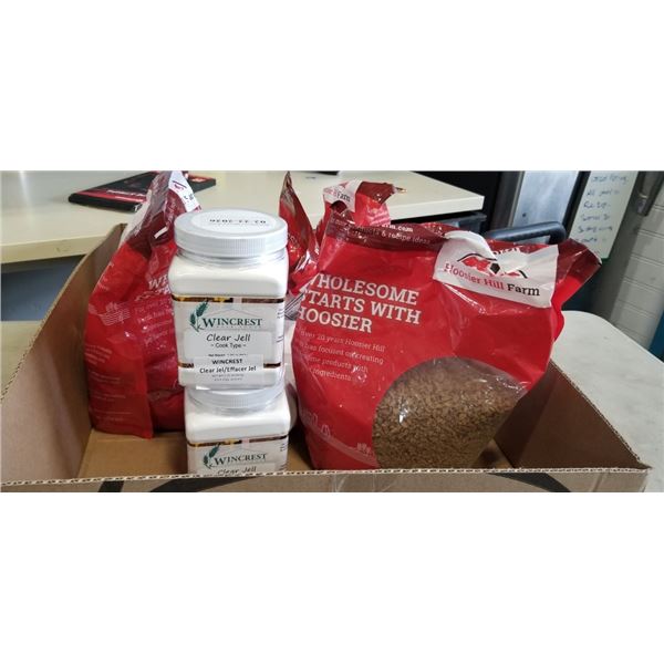4 BAGS OF HOOSIER HILL FARM VEGETABLE PROTEIN (EXP 01-16-2026) AND 3 CONTAINERS WINCREST CLEAR JELL 